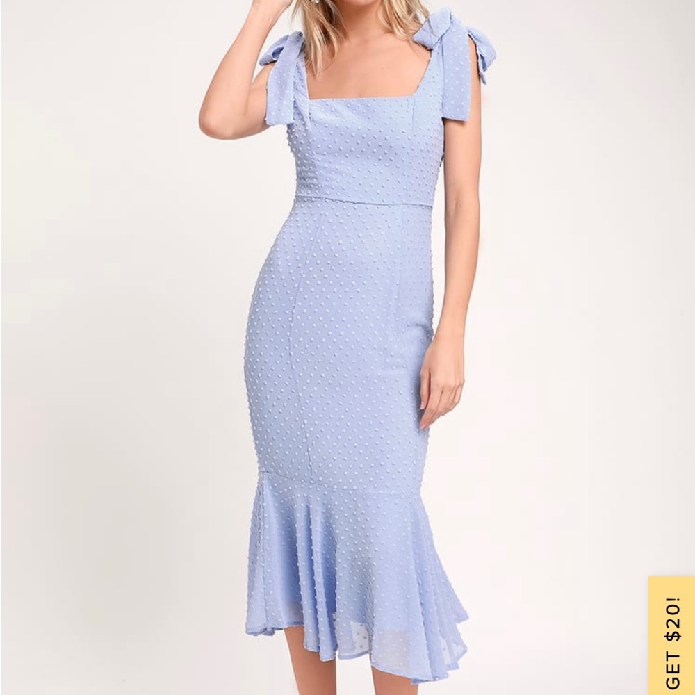 Bimini Periwinkle Blue Swiss Dot Tie-Strap Midi Dress Lulus